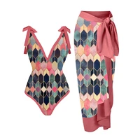 pink fashion v neck colorblock print one piece swimsuit set push up bikini set brazilian bathing suit summer beach wear