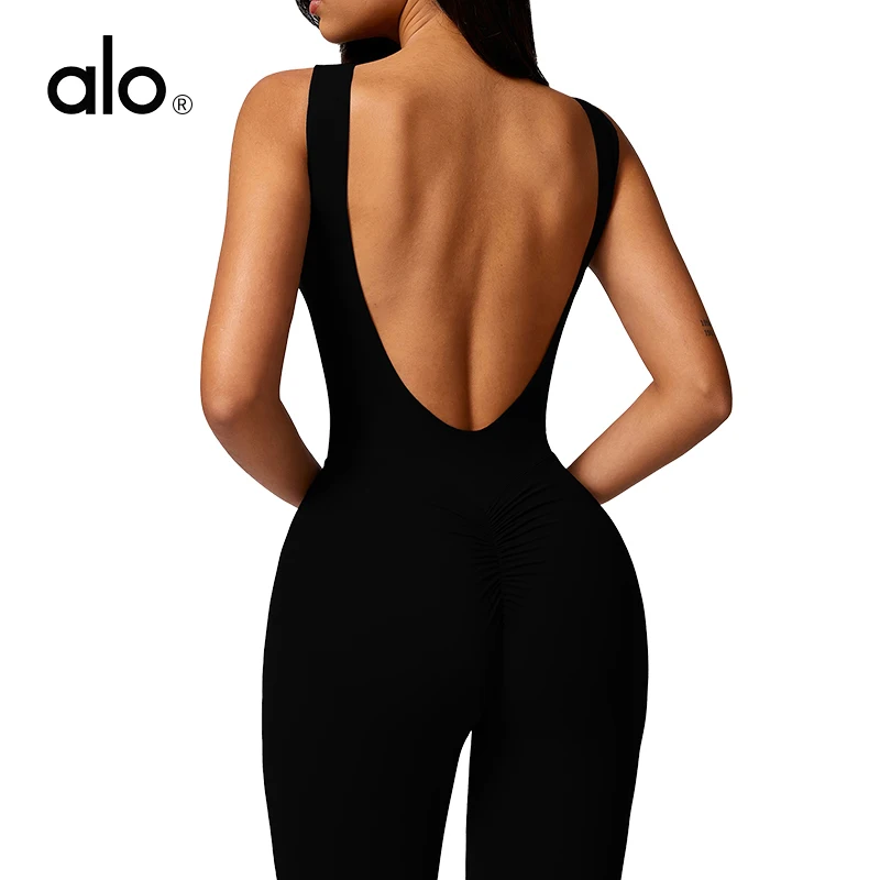 Одежда для йоги в стиле ALO，Черный спортивный комбинезон с подтяжкой ягодиц
