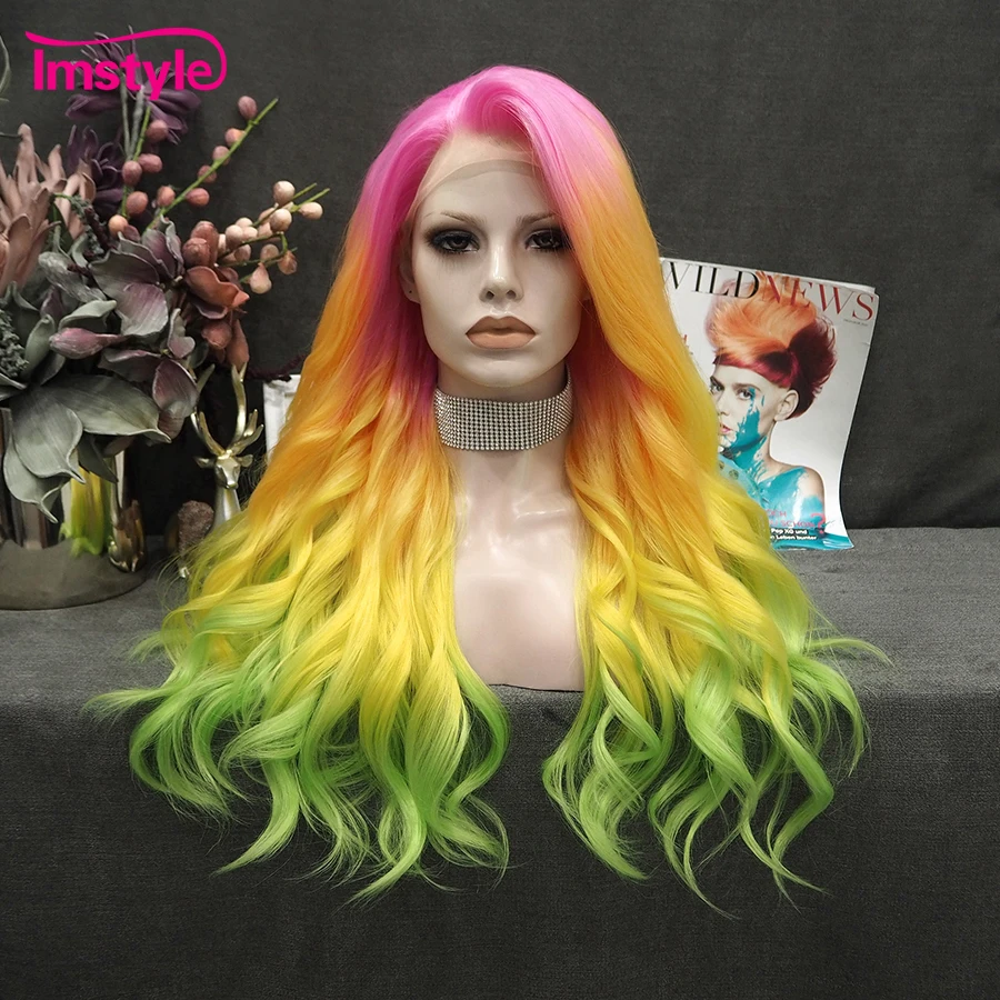 Imstyle Ombre Wig Pink Yellow Green Synthetic Lace Front Wig Colorful Hair Wig Heat Resistant Fiber Cosplay Wigs For Women