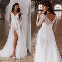 elegant white a line wedding dresses appliques lace v neck long sleeves bridal gowns sexy high split open back vestido de novia