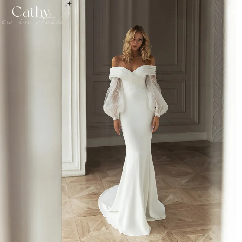 

Grace Off The Shoulder Mermaid Wedding Gown For Bride 2022 Puffy Sleeves Bridal Gown Beach Vestidos De Novia Boho Wedding Dress
