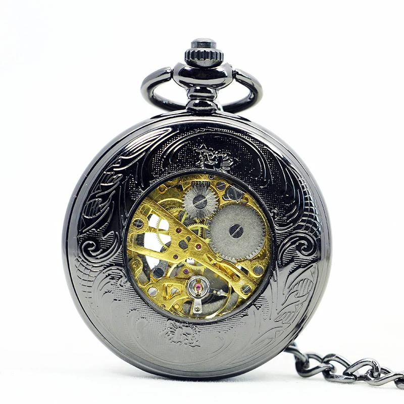 Vintage Pocket Watch Antique Roman Number Mechanical Steampunk Pocket Watches Black Hollow Pendant Clock Chain Necklace Men Gift