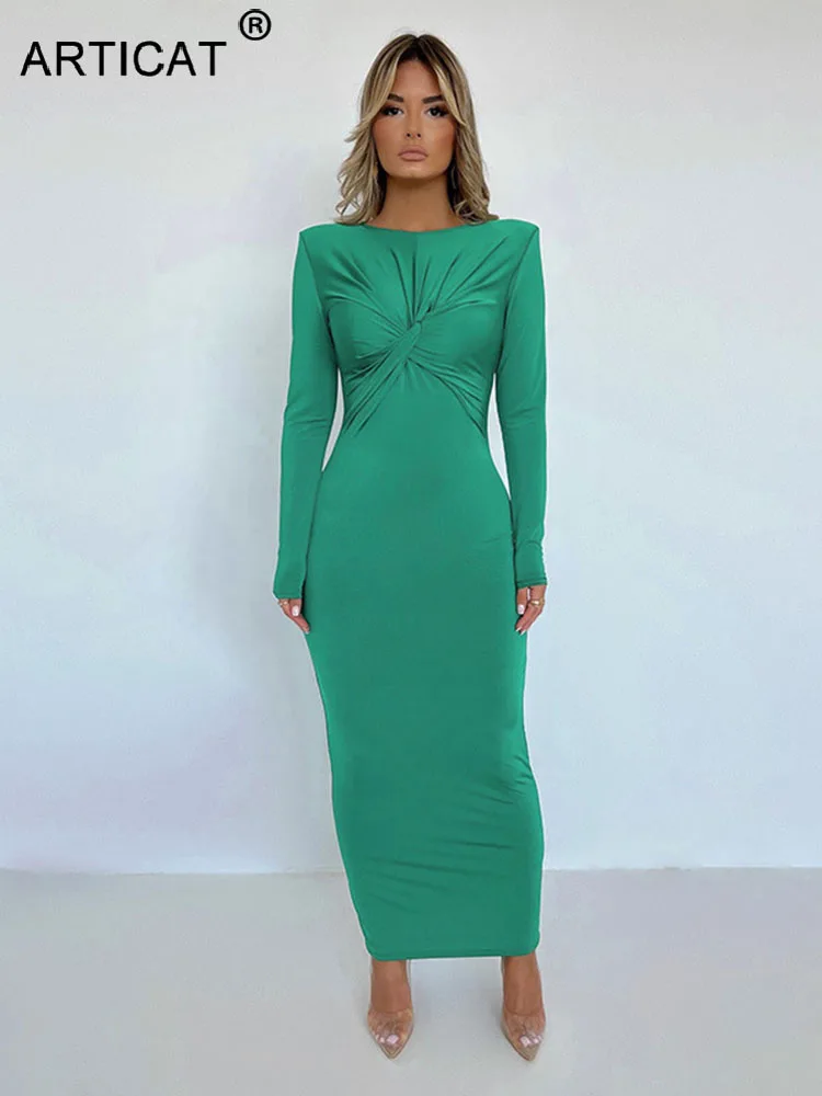 

Articat Slim Evening Ruched Dress Women Long Sleeves Sexy High Waist Sheath Dresses Elegant Robe Bodycon Buttocks Skirt Autumn