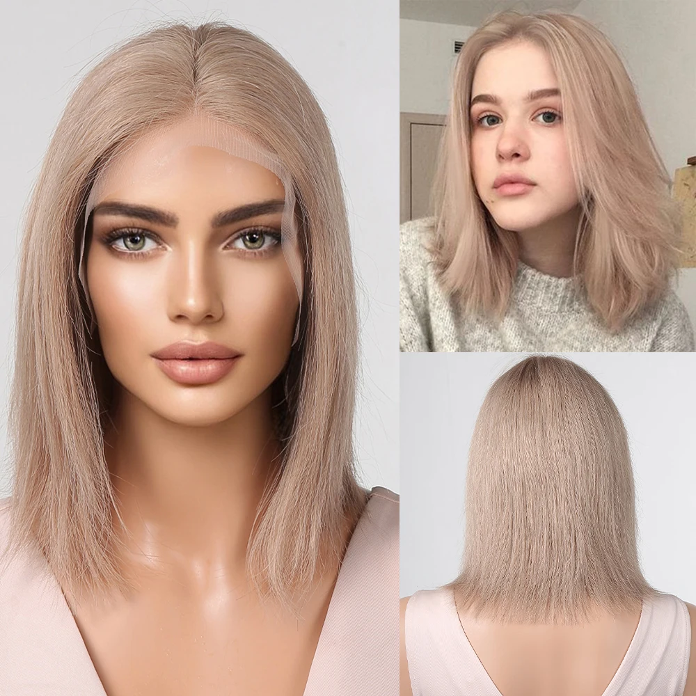 Human Hair Wig Buttery Ash Blonde Bob T-Part Straight Lace Wigs Women Medium Length Lob Hair Remy Female with Natural Baby Hair
