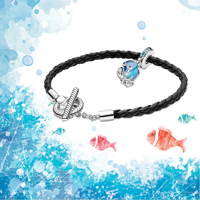 

2022 Summer New S925 Glass Cute Octopus Charm And Moments Series T-button Woven leather Bracelet Set DIY Simple And Versatile
