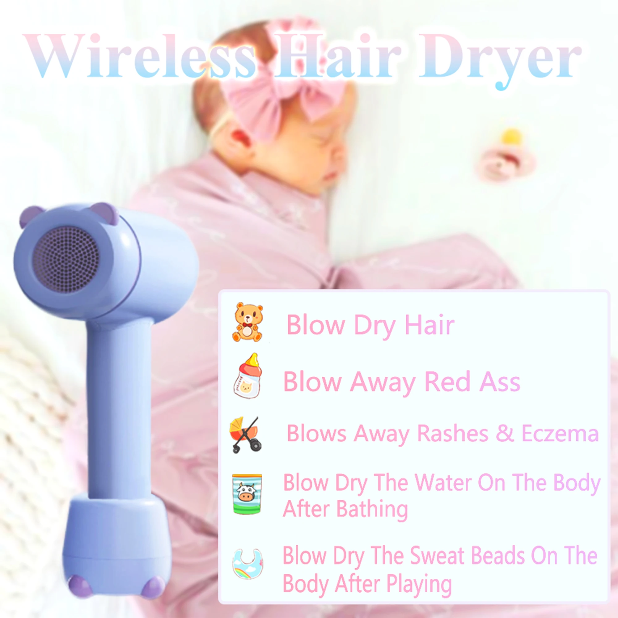 Portable High Wind Low Noise Negative Ion Electric Dryer Cordless Hair Dryer For Infant and Toddler