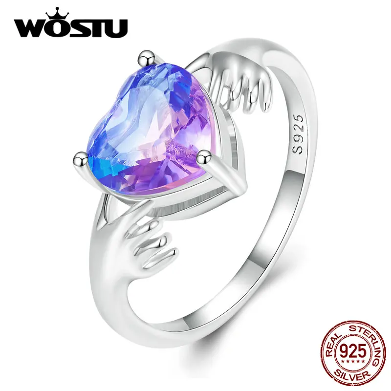

Женское кольцо-хранитель WOSTU из стерлингового серебра 925 пробы с синим и фиолетовым стеклом в форме сердца, роскошные свадебные ювелирные ук...