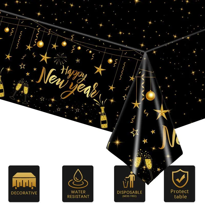 

1pcs Christmas Tablecloth Black Gold Waterproof Table Cloth Dinner Party New Year Table Christmas Decoration Noel Navidad 2022