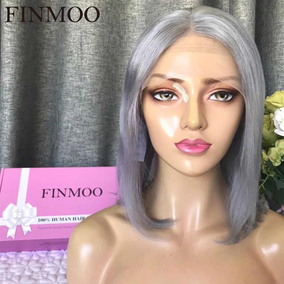 

FINMOO высокой плотности короткий серый Боб 13x 4 передний парик из человеческих волос парик прямые кружевные передние парики Распродажа для же...