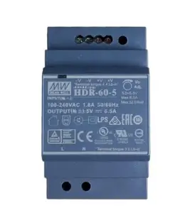 DR-60-5 new model HDR-60-5 AC-DC Ultra slim DIN rail power supply; Input range 85-264VAC; Output 5VDC at 6.5A; Pass LPS