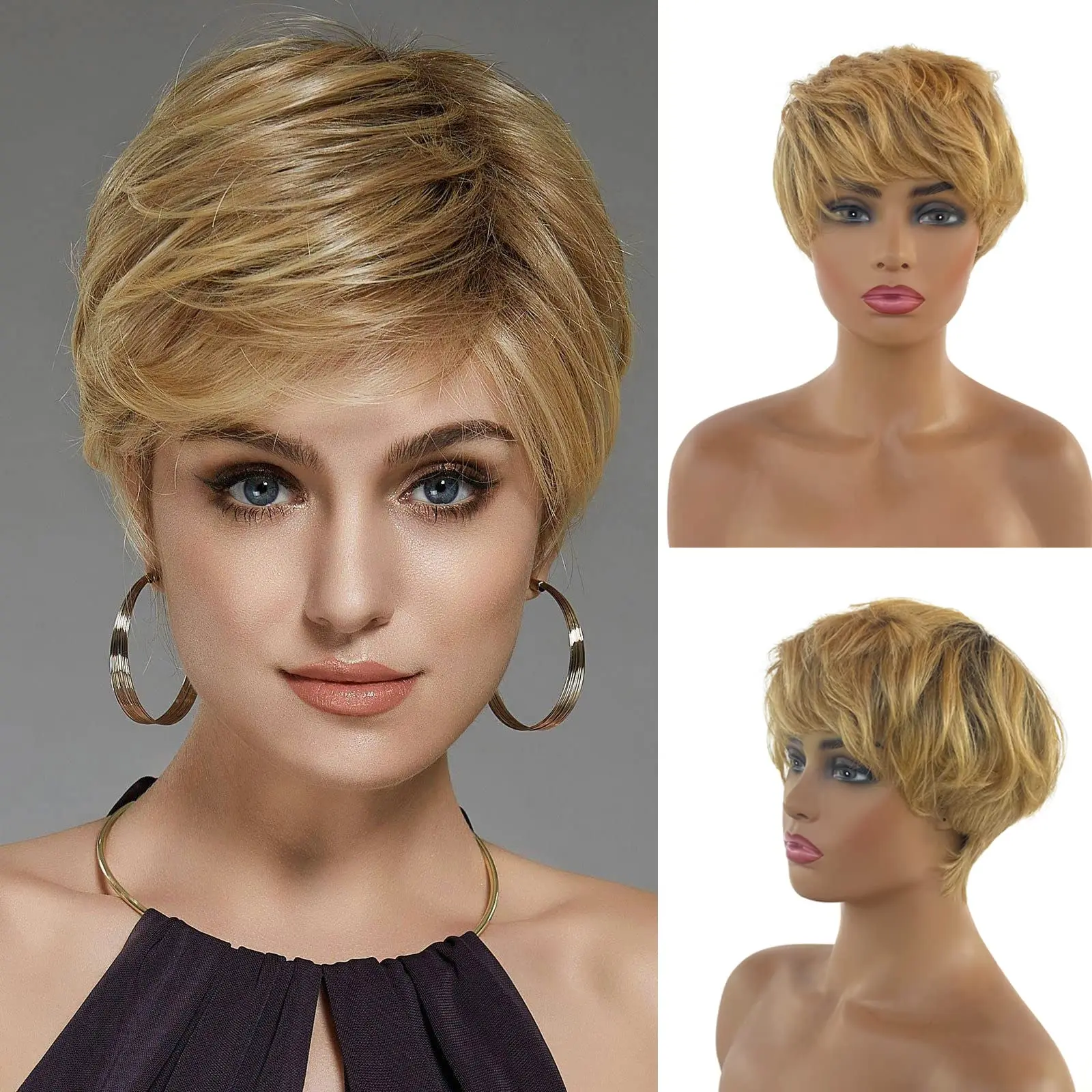 

Honey Blonde Pixie Cut Wig With Bangs 4/27 Ombre Human Hair Bob Wigs Glueless None Lace Front Pixie Cut Bob Wigs With Bangs