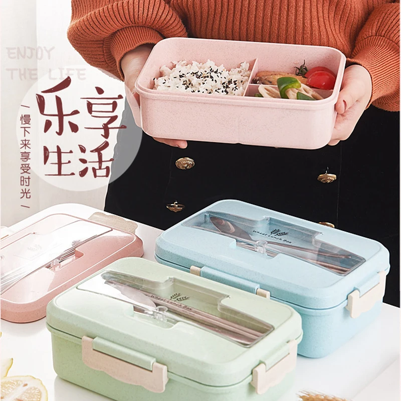 

Wheat Straw Lunch Box Portable Korean Lunch Box Sealed Student Three-Grid Japanese-Style Plastic Crisper Creative Lunch Box