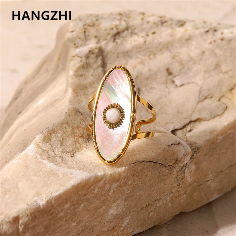 

HangZhi Oval Round Natural Shell Inlay Pearl Stainless Steel Gold Color Opening Ring Vintage for Women Wedding Jewelry 2022 New
