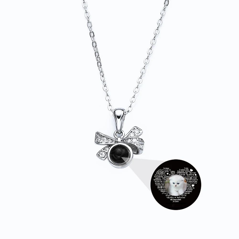 925 Silver Zircon Bowknot Photo Projection Necklace Personalized Custom Picture Pendants for Girls Birthday Gift to Girlfriend
