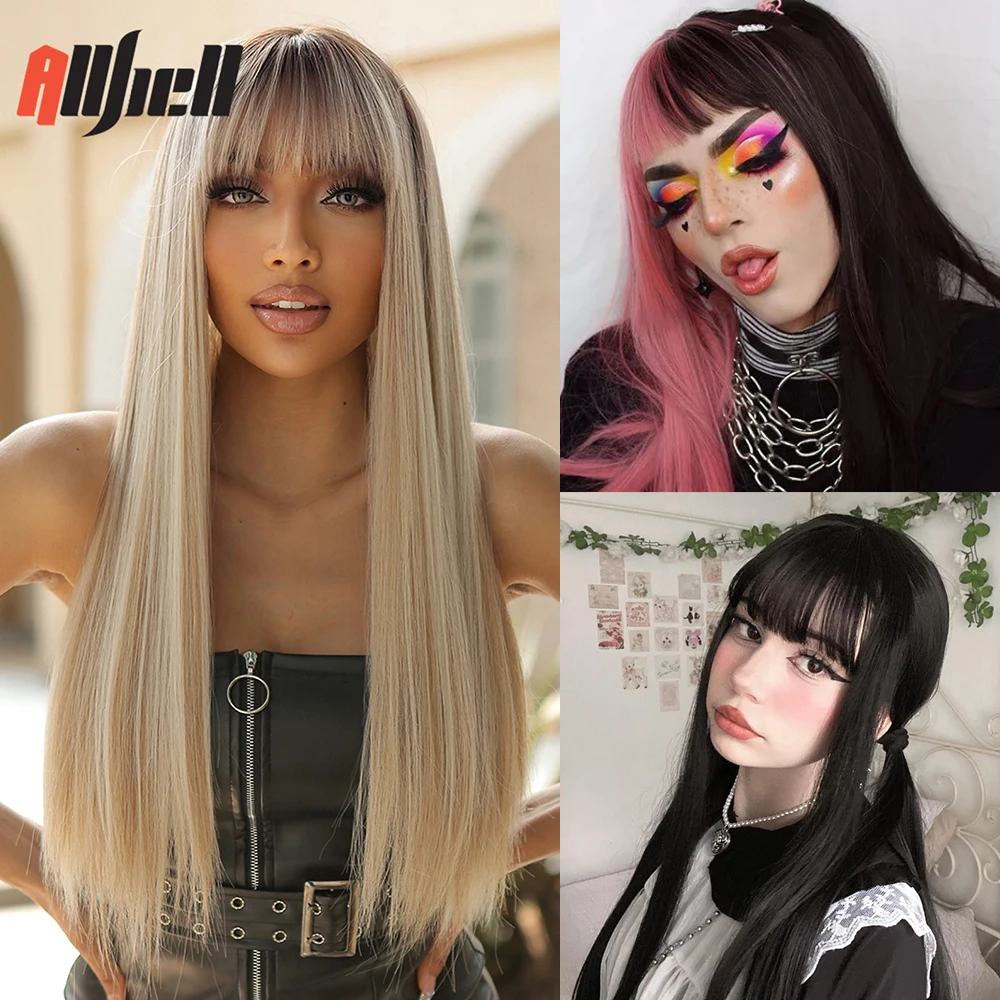 

Cosplay Hair Long Straight Synthetic Wig Ombre Platinum Blonde Wigs with Bangs for Women Heat Resistant Colorful Lolita Hair Wig