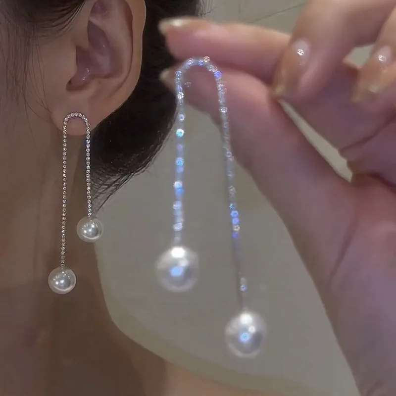 

Korean Elegant Big Pearl Long Tassel Drop Earrings For Women Vintage Double Layer Geometric Luxury Crystal Earring Party Jewelry