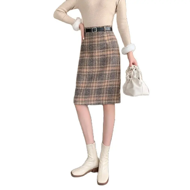

female woolen skirt high-waisted gien check print A-Line skirts back split