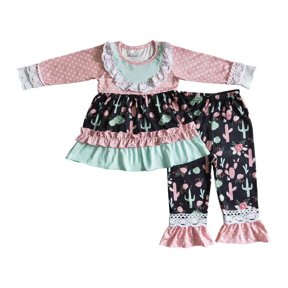 

Новое поступление, комплекты одежды для девочек, туника в розовый горошек с длинным рукавом, эксклюзивные наряды, брюки с кактусами и оборками, комплекты, детская одежда