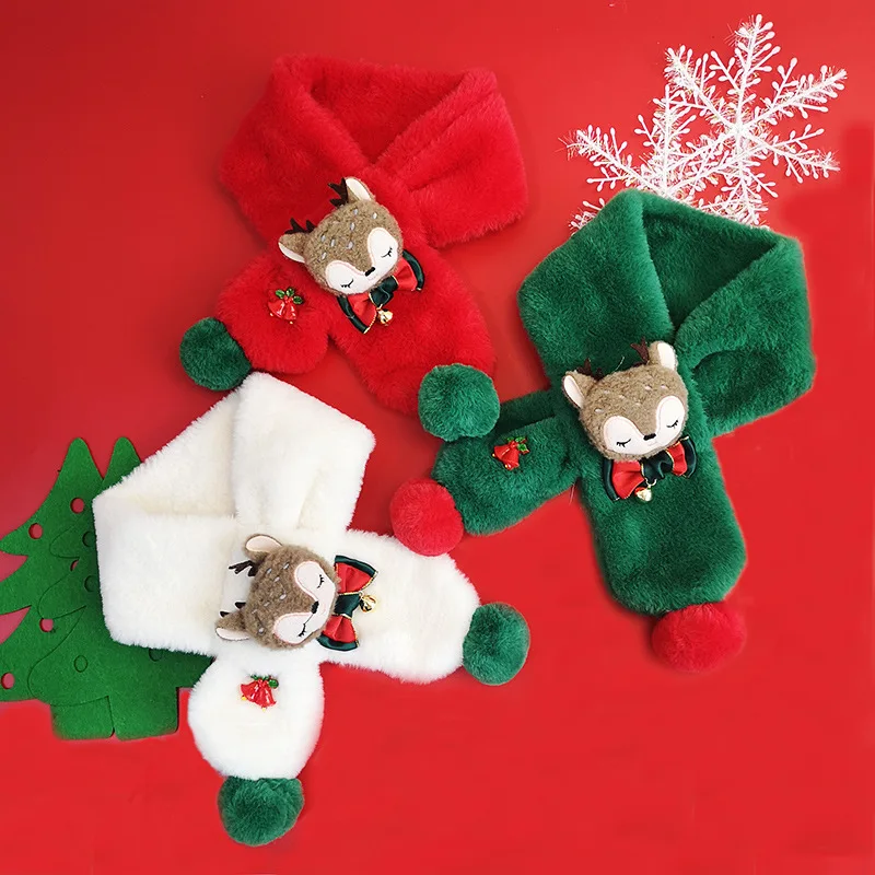 

Winter Children's Scarf Christmas Cartoon Elk Scarf Faux Rabbit Fur Warm Soft Plush Scarf Outdoor Scarves Accessories