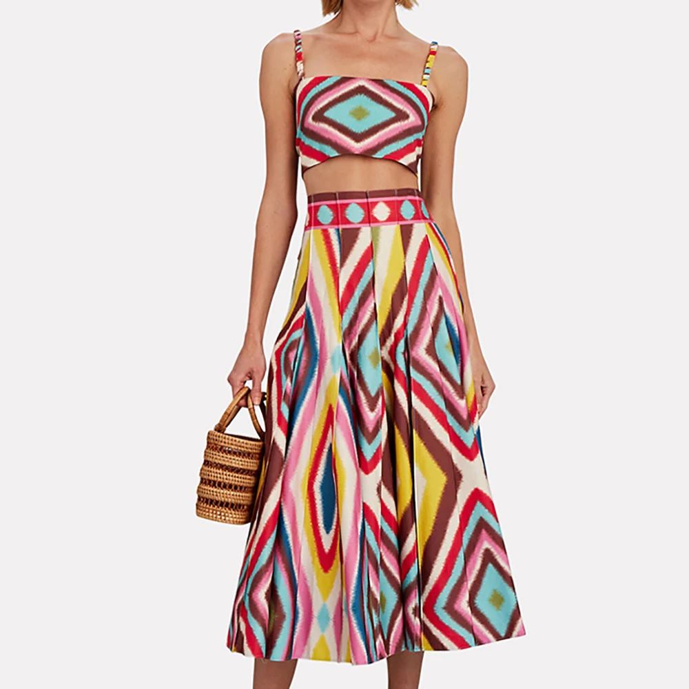 Fashion Colorblock Print Bikini Women Two Piece Swimsuit and Skirt Separate Top High Waist Swimwear Summer Beach Outfits Push Up