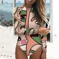 abstract print long sleeve backless wetsuit womens summer swiming suit 2022 luxury swimwear patchwork monokini sexy