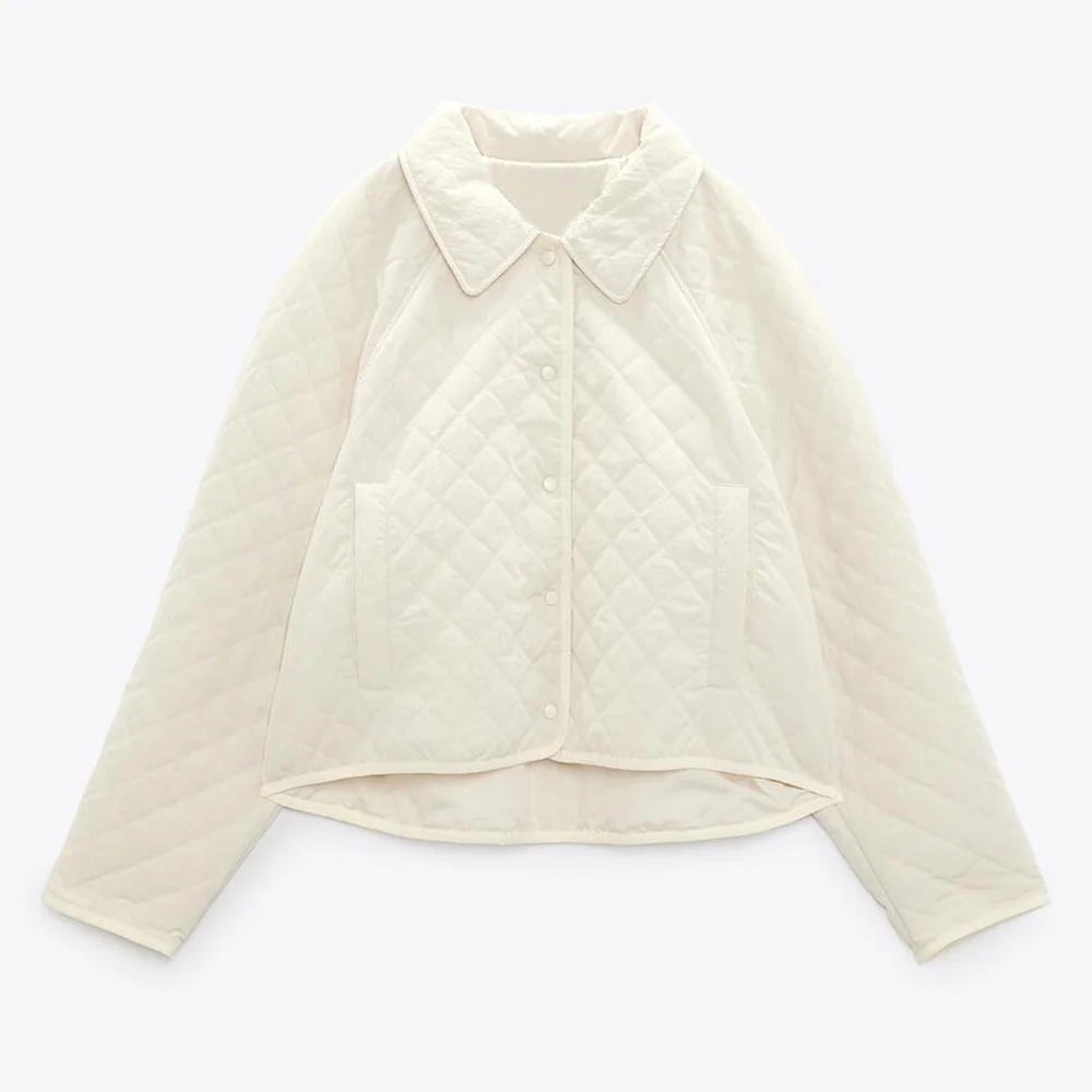 

PB&ZA 2022 Winter New Women's Clothing Lapel Long-sleeved Metal Button Diamond-shaped Grid Short Cotton Coat 1255890