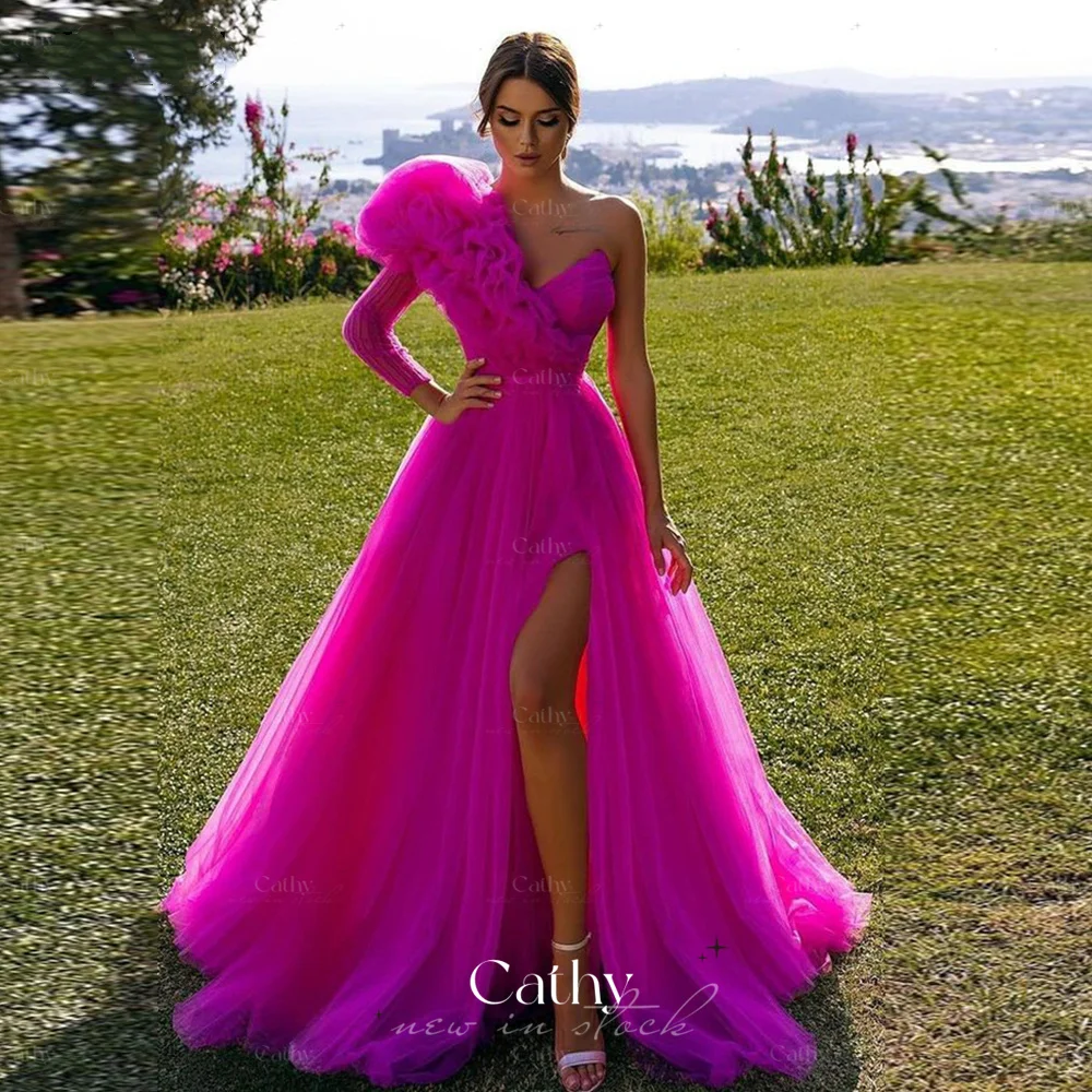 

Rose Tulle Prom Dresses Single Sleeve V-Neck Seersucker Organza Arab Dubai Party Dress Side Slit Evening Dress Vestidos De Noche