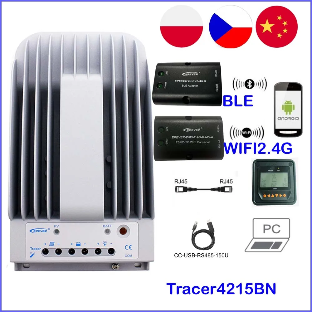 EPEVER Tracer4215BN 40A MPPT регулятор заряда солнечной батареи 40amp 12В 24В автоматическая работа с MT50 BLE WIFI2.4G адаптер опционально