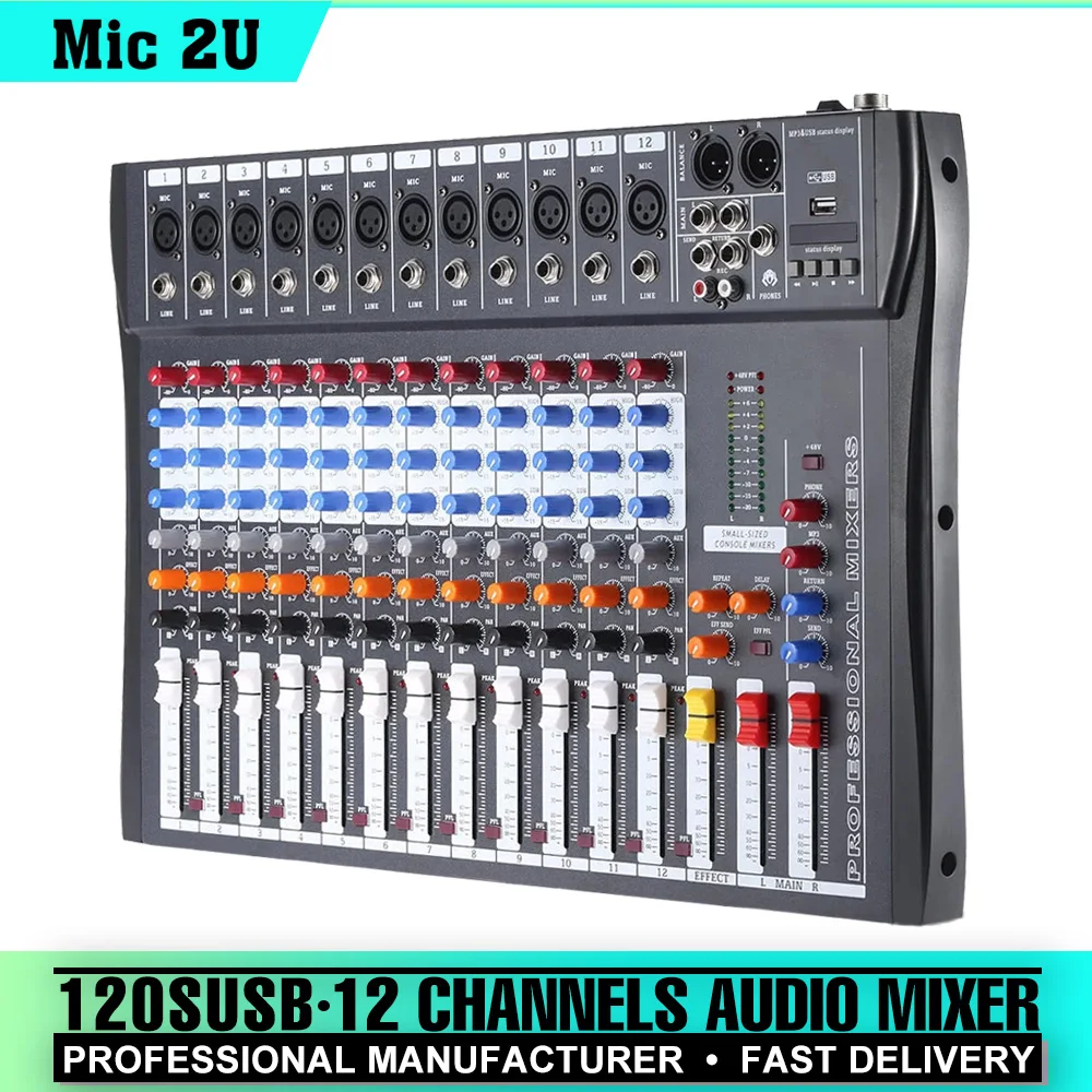 

12 channels mixer Mic Line Audio Mixer Mixing Console BT Connection USB XLR Input 3-band EQ 48V Phantom Power Digital Mixer