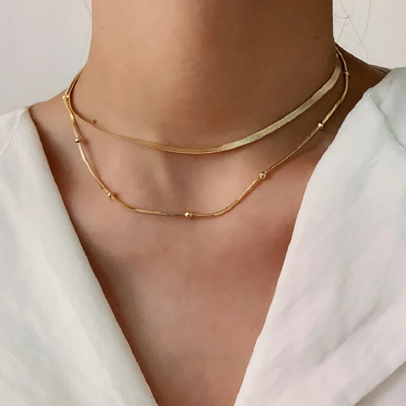 

2pcs Gold Necklace for Women 18K Gold Plated Herringbone Beaded Chain Choker Necklaces Set Dainty Chic Jewelry Gift for Her