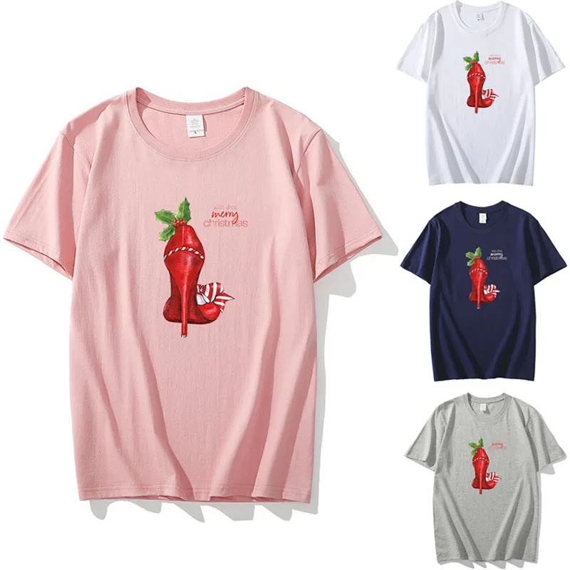 

Red High-heeled Printed Women T Shirts wish shoe Merry Christmas Letter Female Tops Casual Short Sleeve O-neck T-shirt Oversized