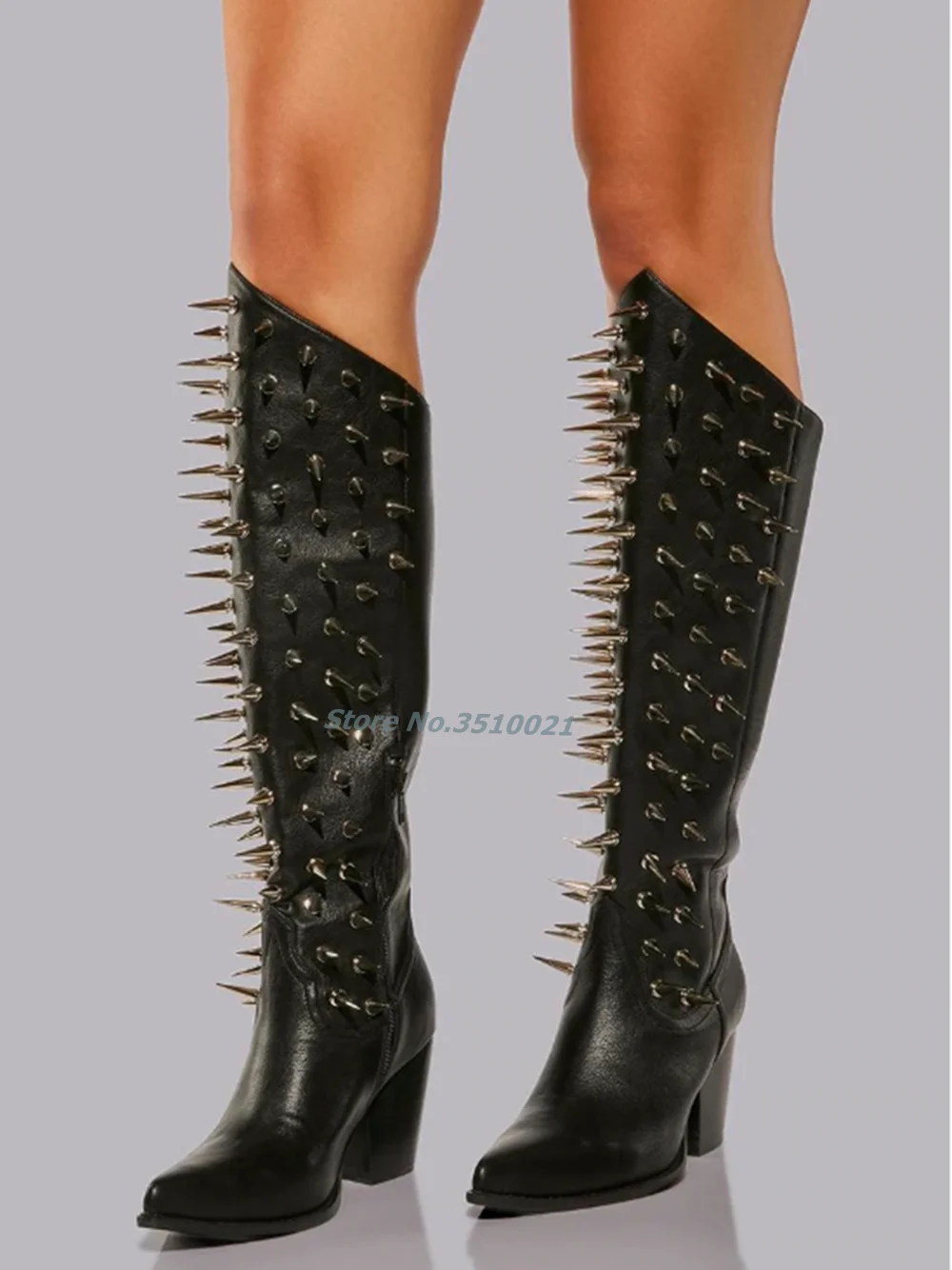 Long Spiked Rivet Cowboy Boots Pointed Knee-High Chunky Block Heels Side Zip Sexy Black Leather Solid Color Punk Style Shoes