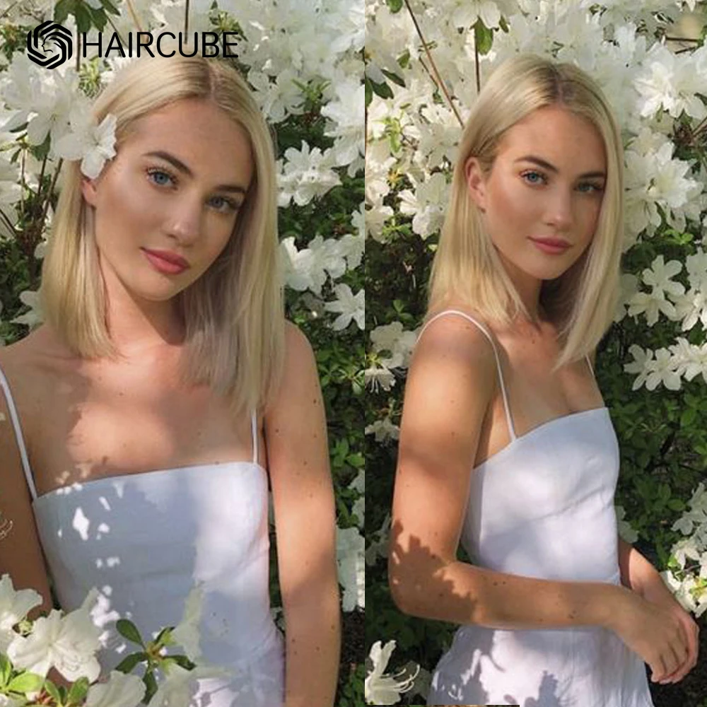 HAIRCUBE Ombre Blonde Human Hair Wigs for White Women 13X4 HD Lace Front Wig 14 Inch Short Straight Bob Lace Wigs 100% Remy Hair