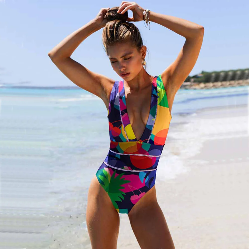 

Fashion Colorblock Print V-Neck Seamless Patchwork Swimsuit High Waist Open Back Sexy One Piece Bikini 2022 Beachwear Push-Ups