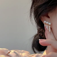 luxury zircon four row tassel simple super fairy pearl stud earrings korean fashion jewelry accessories for womans