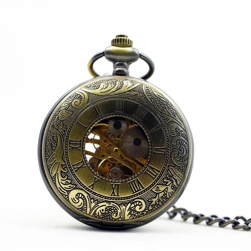 Vintage Roman Mechanical Pocket Watch Hollow Case Hand Wind Casual Fashion Watch Necklace Pendant With FOB Chain Gift relogio