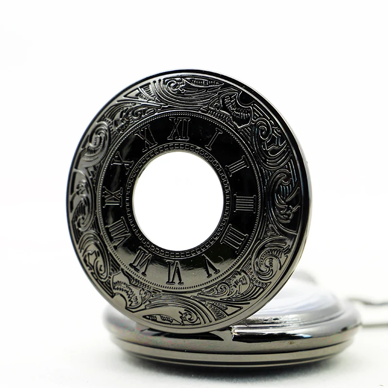 Retro Hand Wind Mechanical Pocket Watch With Fob Chain Mens Hollow Skeleton Dial Black Steel Fashion Pocket Fob Watches Gifts