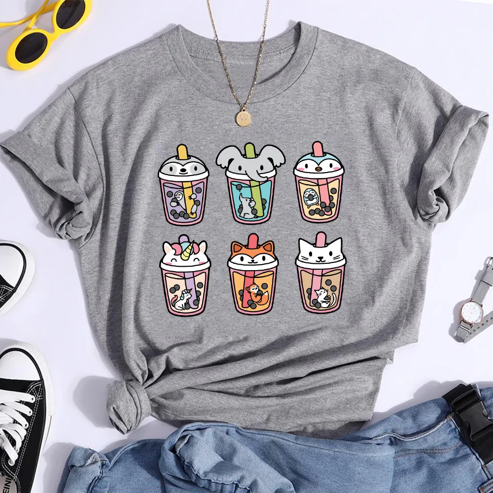 

Cute Animal Milky Tea T-shirts Cartoon Print Couples Loose Short Sleeve Fashion футболка оверсайз жен Gray Tees Casual Top S-5XL