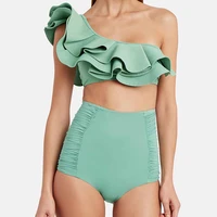 one piece fashion green swimsuit solid color ruffled tight womens bandage sexy high waist bikini summer beach solid push up