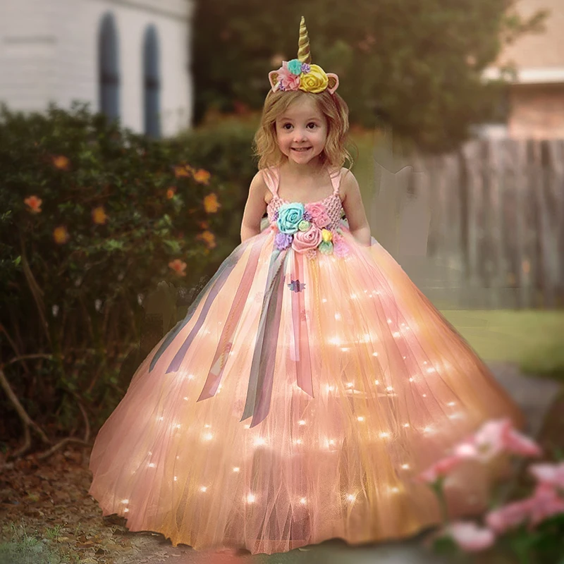 Uporpor LED Unicorn Girls Children Dress Kids Birthday Party Princess Lolita Costume for Halloween Christmas Children Ball Gown