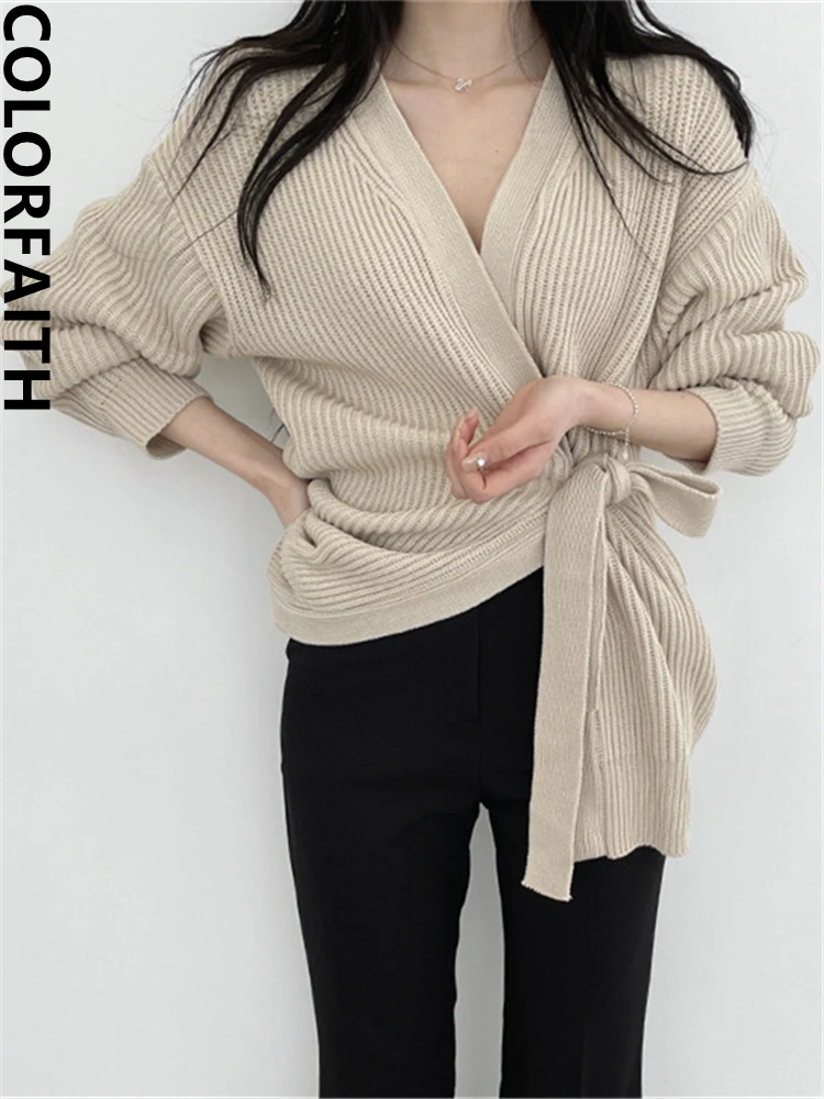 

Colorfaith New 2022 Elegant Lady Cardigans Fashionable Lace Up Vintage Korean Women's Autumn Winter Sweaters Knitwear SWC2622