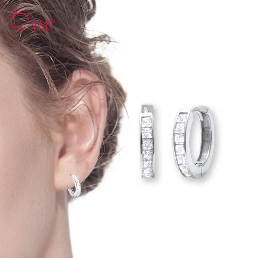 

925 Silver Huggie Hoops Earrings Women Round Small Ear Studs Rectangle Zircon Original Design Branded Luxury Jewelry Girls Gifts