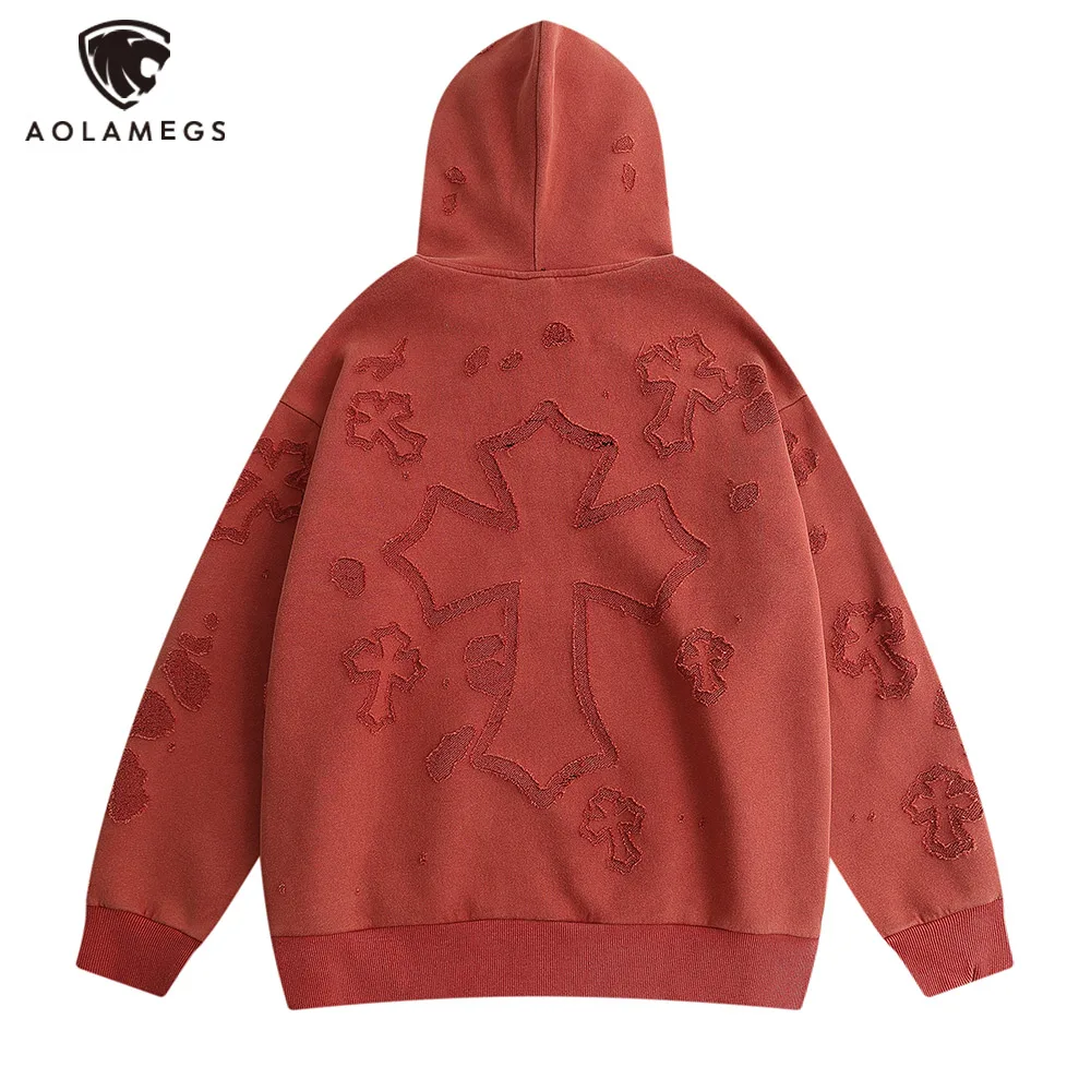 

Hip Hop Men Fleece Hoodie Sweatshirt Vintage Cross Letter Pullover Hooded Washed Ripped Hole Streetwear High Street Couple Tops