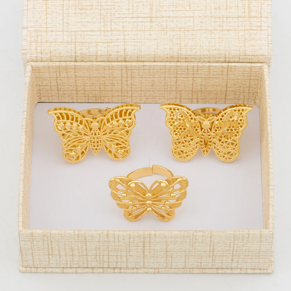 Italian Gold Color Rings Jewelry Set Hollow Out Design Finger Ring Dubai African Adjustable Flower Ring with Gift Box for Bride