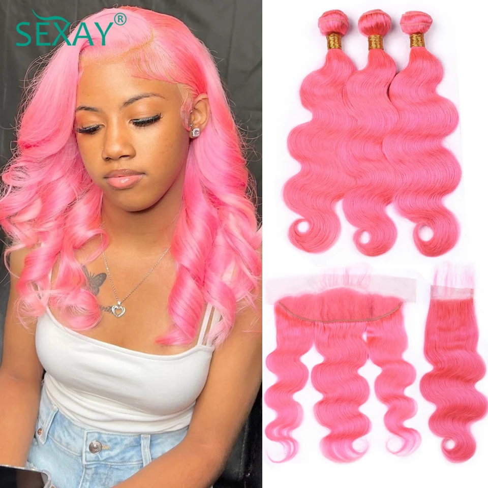 Sexay Rose Pink Colored Bundles With Closure Peruvian Body Wave Human Hair Weave Bundles With HD Transparent 13x4 Lace Frontal