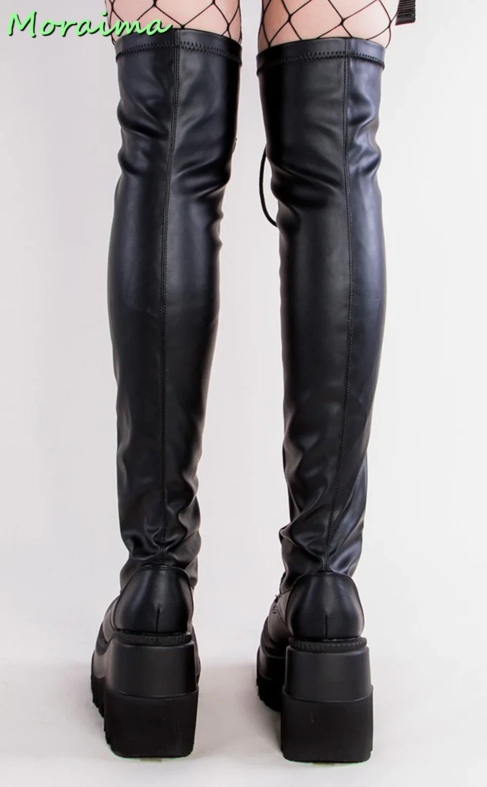 Platform Metal Side Zipper Lace-up Thigh High Boots Black Solid Matte Leather Thick Bottom Fashion Punk Style Women Shoes 2022