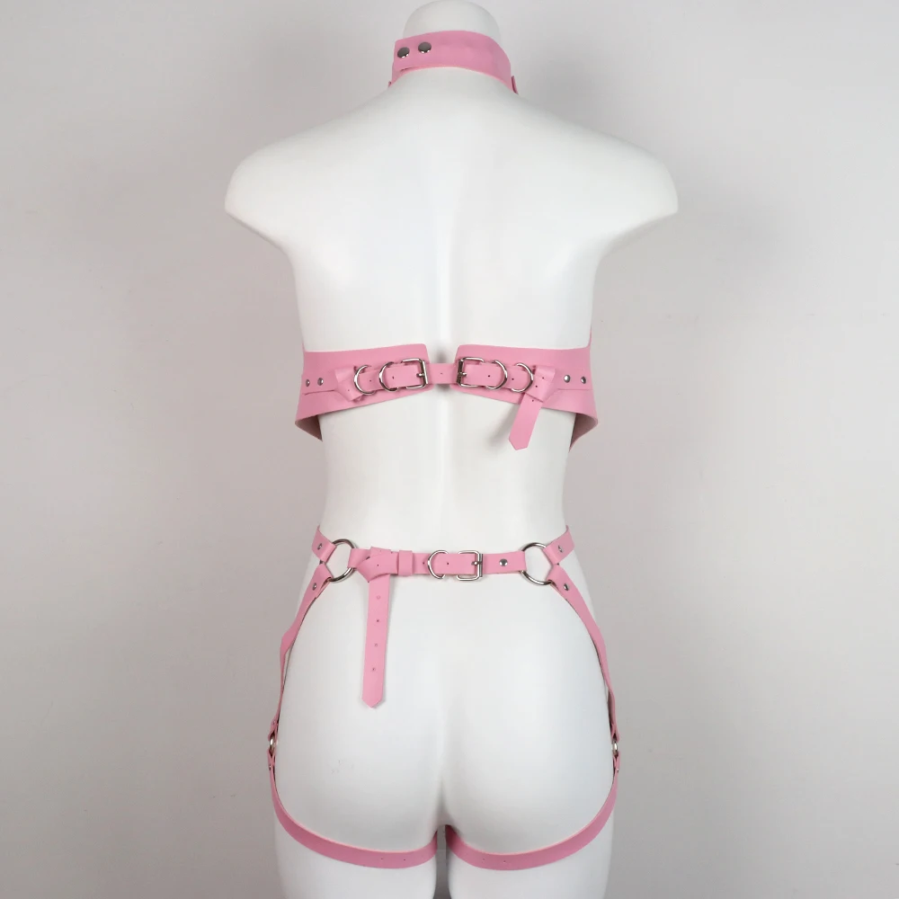 Pink Leather Pu Sexy Harness Woman Bondage Belt Stockings Bdsm Lingerie Fullbody Strap Thigh Garters Rave Outfits For Adults 18+