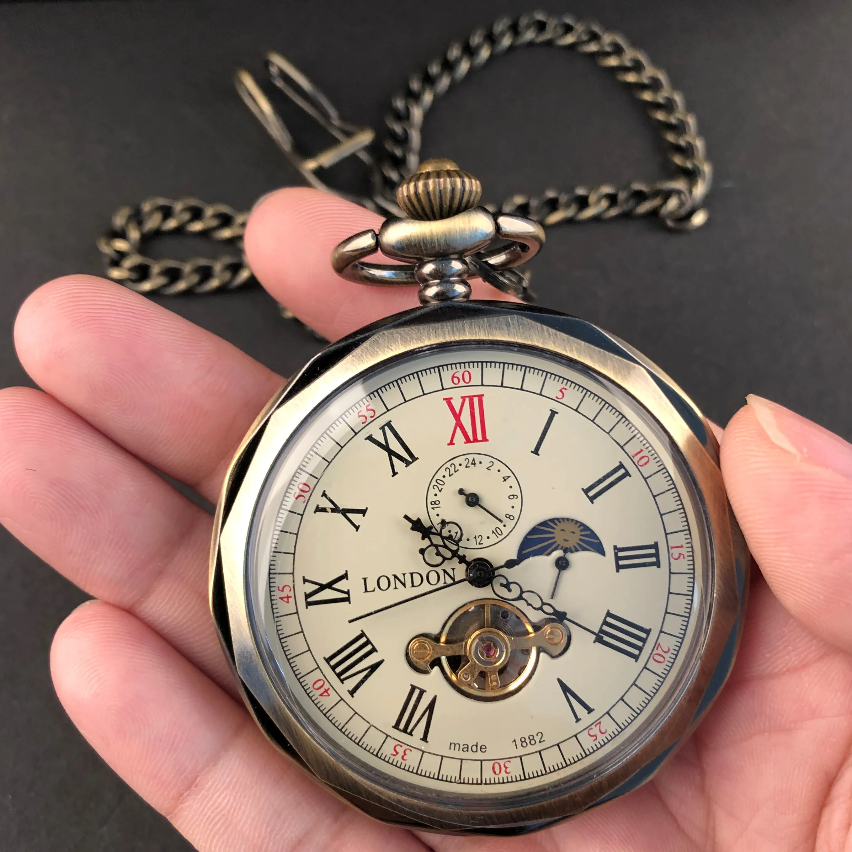 Antique Vintage Luxury Mechanical Pocket Watch Multifunctional Moon Steampunk Hand Wind Unisex Casual Chain Fob Watches PJX1398