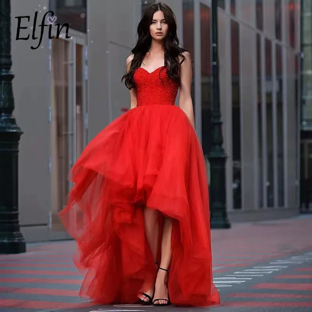 

Elfin, короткие, спереди, длинные, сзади, красные платья для выпускного вечера, женское официальное платье для торжества, простое искусственно...
