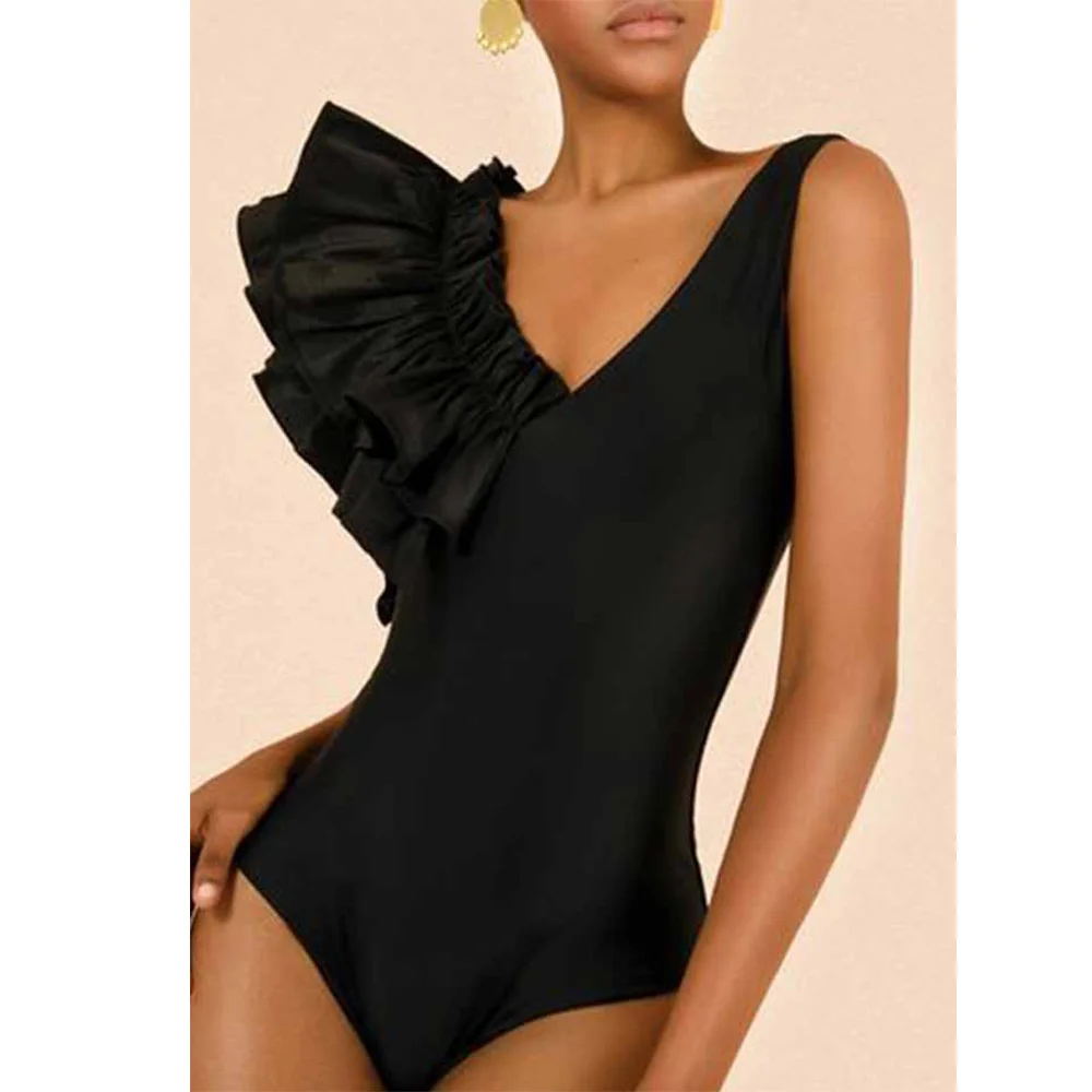 

Однотонный слитный купальник с оборками и глубоким V-образным вырезом, асимметричная Праздничная пляжная одежда, черный дизайнерский купальный костюм, летняя одежда для серфинга